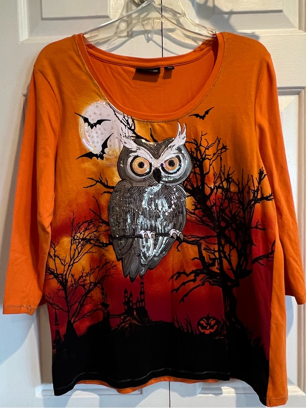 Orange🦉SEQUIN Halloween Owl Graphic Top